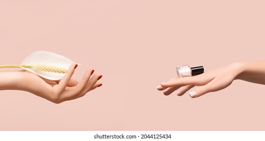 Female Hand With Glitter Red Nail Design. Female Hand Hold White Spathiphyllum Flower. Woman Hand On Pink Background. Glitter Red Nail Polish Manicure. Female Hand Hold Pink Nail Polish Bottle.