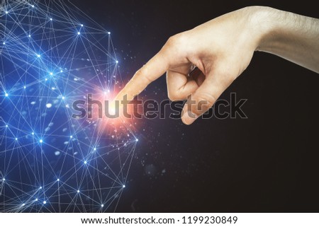 Similar – Image, Stock Photo Woman hand pointing with index finger over black