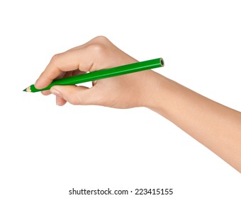 Female Hand With A Green Pencil On Isolated White