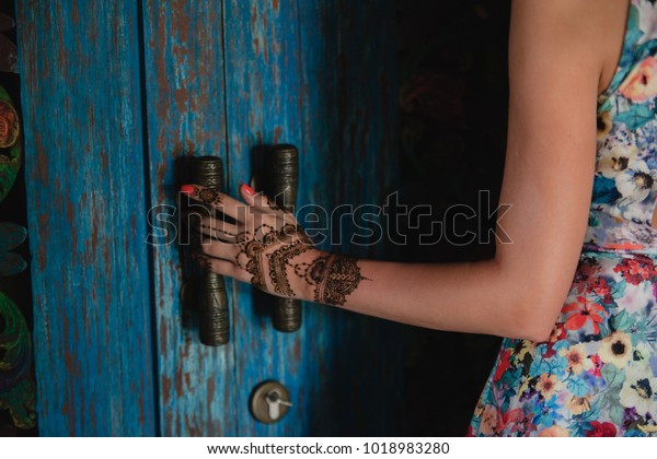 Female Hand Henna Tattoo Touching Antique Stock Photo Edit Now
