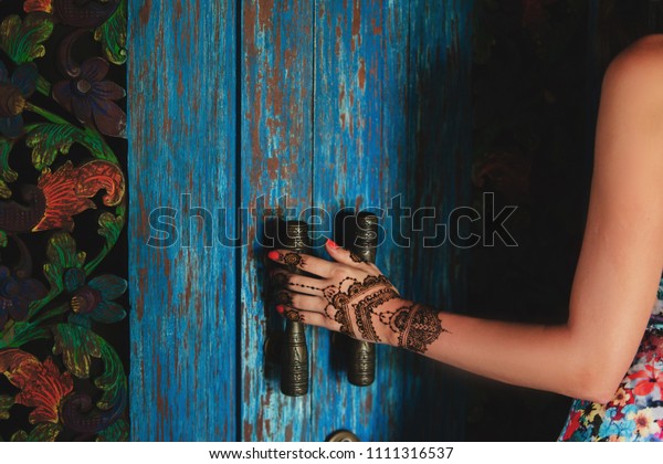 Female Hand Henna Tattoo Touching Antique Stock Photo Edit Now