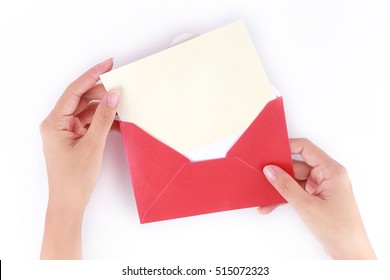 A Female Hand Hold (open) A Envelope And Post Card On White Background 