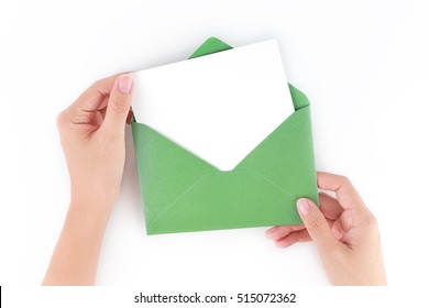 A Female Hand Hold (open) A Envelope And Post Card On White Background 