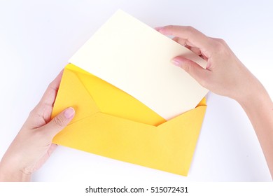 A Female Hand Hold (open) A Envelope And Post Card On White Background 