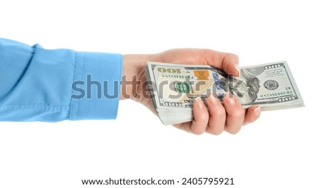Female hand holding 100 dollar bills isolated with clipping path.