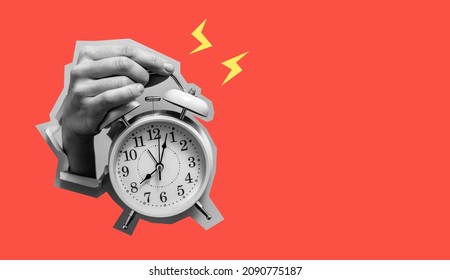 Female hand holding alarm clock through paper background. Inspiration, idea concept, trendy magazine style. art collage. It's time - Shutterstock ID 2090775187