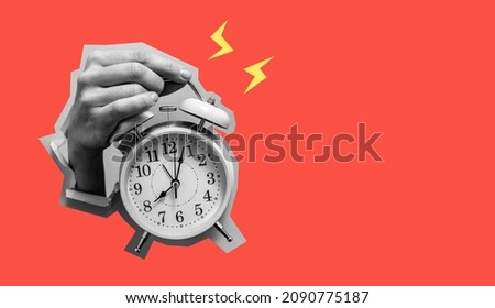 Female hand holding alarm clock through paper background. Inspiration, idea concept, trendy magazine style. art collage. It's time