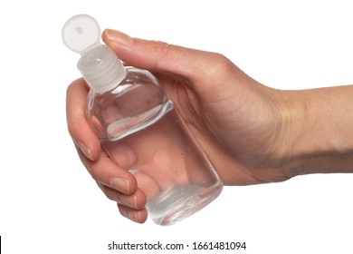 Female Hand Holding Antibacterial Gel Against White Background