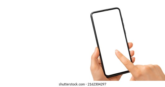 Female hand holding black cell phone smartphone with blank white screen and modern design isolated on white background. Mockup phone. Woman's Hand Holding Smartphone With Blank Screen, mockup phone - Shutterstock ID 2162304297