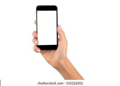 Female hand holding black cellphone with white screen at isolated background.