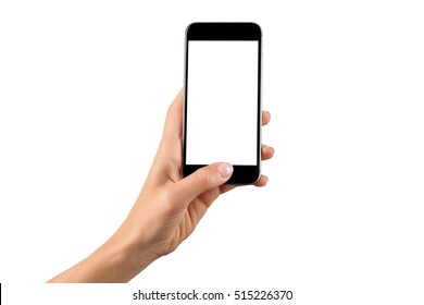 Female Hand Holding Black Cellphone With White Screen At Isolated Background.