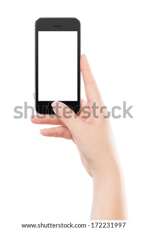 Female hand holding black modern smart phone with blank screen and pressing button by the thumb. Isolated on white background. 