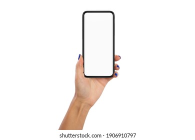 Female Hand Holding Black Smart Phone With White Blank Empty Screen For Mockup, Isolated On White Studio Background, Browsing Information, Using Application. Technology Concept