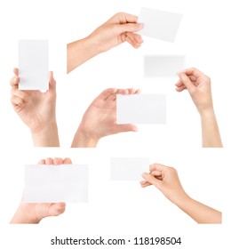 Female Hand Holding Blank Business Card In Hand. Collection Set. Isolated On White.