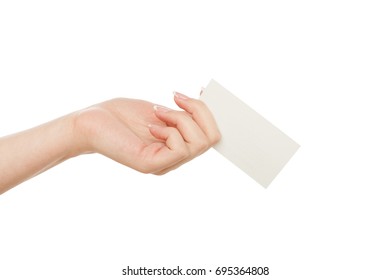 Female Hand Holding Blank Card For Text Message Isolated On White Background, Close-up, Cutout, Copy Space