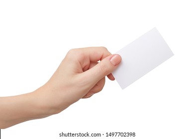 Female Hand Holding Blank Paper Business Card Isolated On White