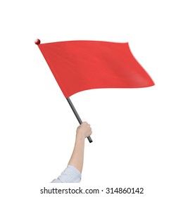 Female Hand Holding Blank Red Flag, Isolated On White Background.