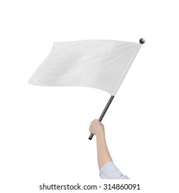 Female Hand Holding Blank White Flag, Isolated On White Background.