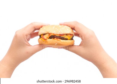 Female Hand Holding Burger In Isolate Background.