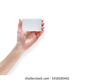 Female Hand Holding Card Isolated On White