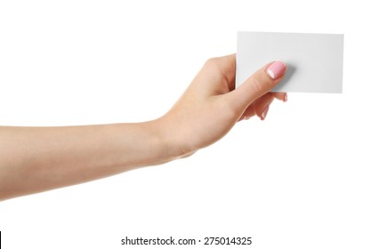 Female Hand Holding Card Isolated On White