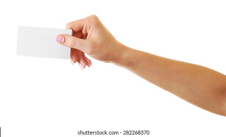 Female Hand Holding Card Isolated On White