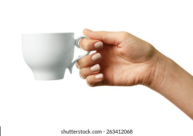 Female Hand Holding Cup Isolated On White