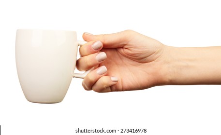 Female Hand Holding Cup Isolated On White