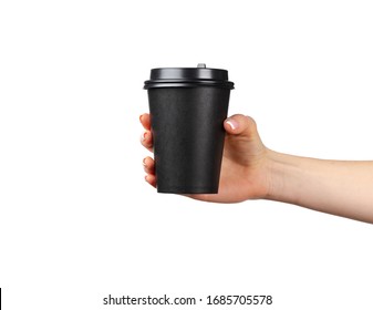 Female Hand Holding Disposable Coffee Cup Isolated On White Background