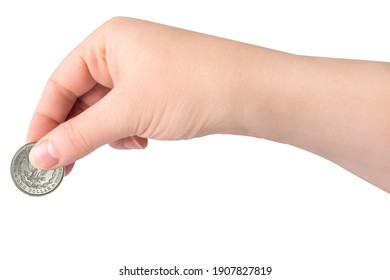 A Female Hand Holding A Dollar Coin On White Background, Isolated.