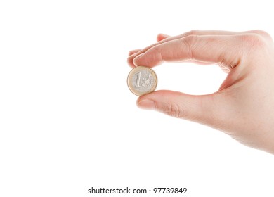 Female Hand Holding An Euro Coin Isolated On White