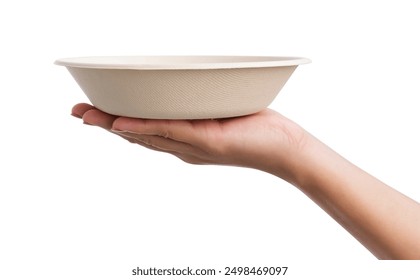 Female hand holding fiber food box and paper cup isolated on white background, clipping path. - Powered by Shutterstock