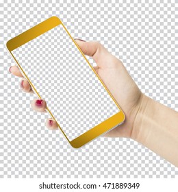 Female Hand Holding Golden Phone With Transparent Screen And Background Isolated On White