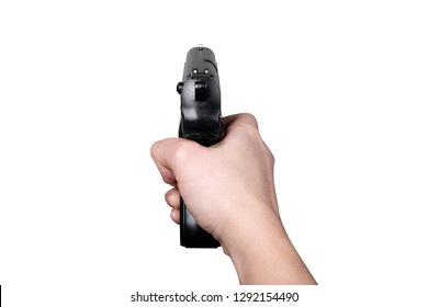 Female Hand Holding Gun Aiming In Subjective Point Of View POV Isolated On White Background In Fire Weapon Use And War Crime And Violence Concept