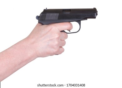 Female Hand Holding Gun Over White