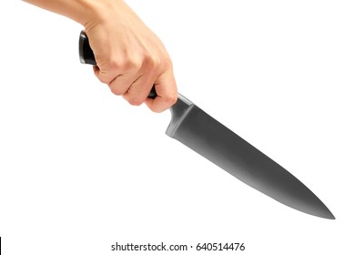 Female Hand Holding A Huge Sharp Knife. Isolated On White Background