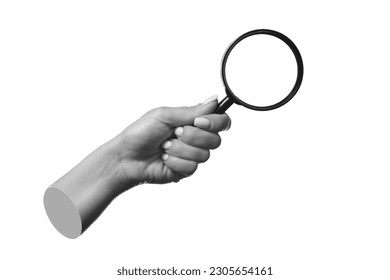 A female hand holding a magnifying glass isolated on a white background.  3d trendy 