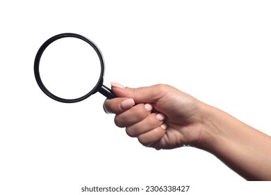 A female hand holding a magnifying glass isolated on a white background - Powered by Shutterstock