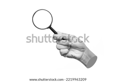 A female hand holding a magnifying glass isolated on a white background. Mockup with empty copy space for a text and design. 3d trendy collage in magazine style. Modern contemporary art	
