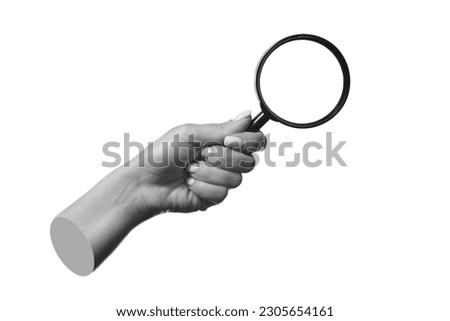 A female hand holding a magnifying glass isolated on a white background.  3d trendy  Zdjęcia stock © 