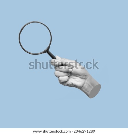 A female hand holding a magnifying glass isolated on a blue color background. Mockup with empty copy space for a text and design. 3d trendy creative collage in magazine style. Modern contemporary art