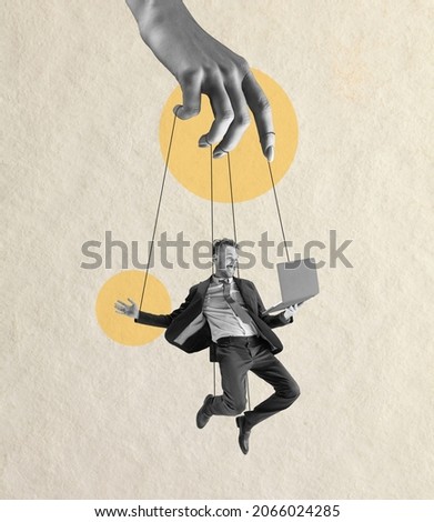 Female hand holding man like puppet. Be in wrong hands. Modern design, contemporary art collage. Inspiration, ideas, magazine style, business and creativity concept. Copyspace for ad. Surrealism.