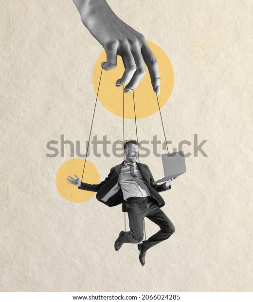 Female hand holding man like puppet. Be in\
wrong hands. Modern design, contemporary art collage. Inspiration,\
ideas, magazine style, business and creativity concept. Copyspace\
for ad. Surrealism.