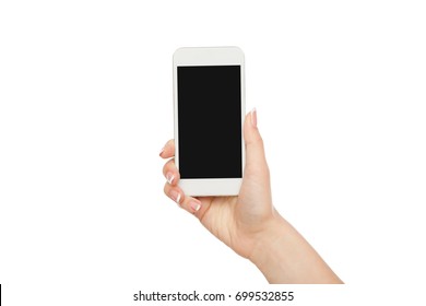 Female Hand Holding Mobile Phone Isolated On White Background, Close-up, Cutout, Copy Space On The Screen