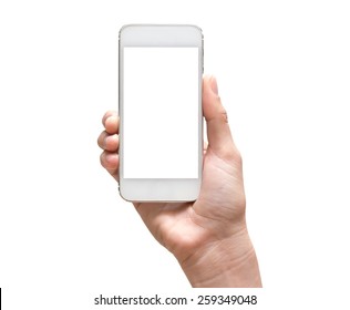 Female hand holding mobile smart phone touch screen on white background, include clipping path - Shutterstock ID 259349048