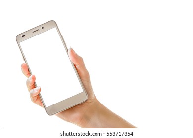 Female Hand Holding Mobile Smart Phone Isolated On  White Background