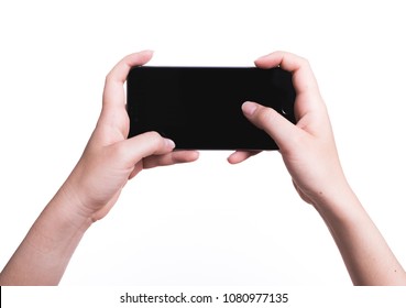 Female Hand Holding Mobile Smartphone Play Game Gamer Blank Black Screen Isolated On Over White Background
