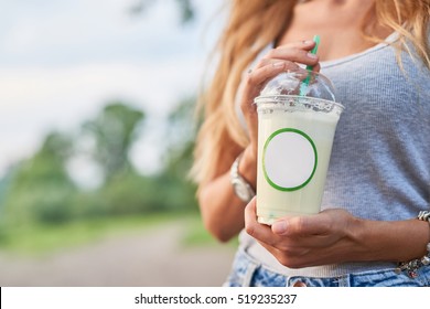 Female Hand Holding Mockup Glass Of Milk Cold Drink So Delicious On Natural Background