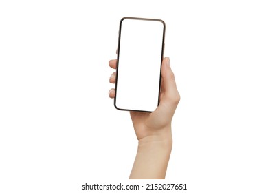 Female hand holding modern mobile phone with blank screen isolated at white background. Cellphone mockup. - Shutterstock ID 2152027651