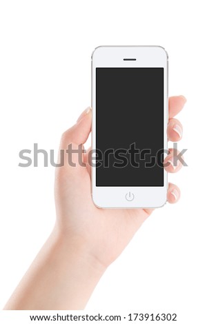 Female hand holding modern white mobile smart phone with blank screen isolated on white background. High quality.